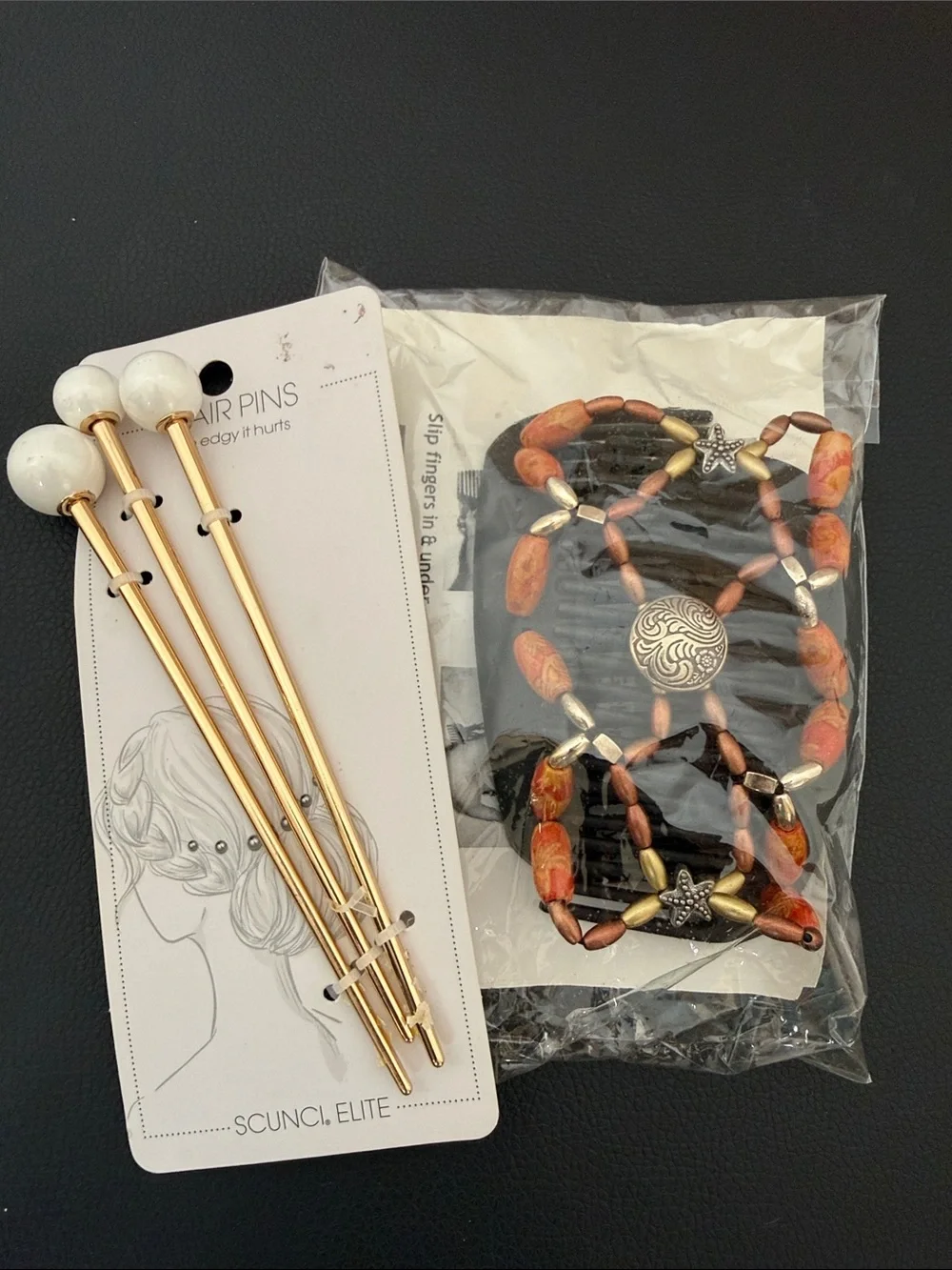 Bundle of 2 Hair Accessory Set - Gold & White Hair Pins and Orange Beaded Twist